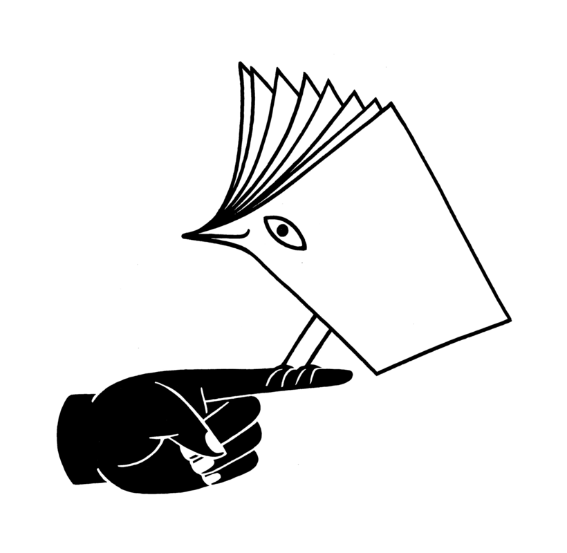 Grafik in Schwarz-Weiß: Eine stilisierte Hand zeigt auf einen Vogel, dessen Körper aus einem aufgeschlagenen Buch besteht. Das Buch ist so geformt, dass es den Kopf und den Schnabel des Vogels bildet. Das Auge des Vogels ist deutlich erkennbar. Die Grafik wirkt minimalistisch und verspielt.