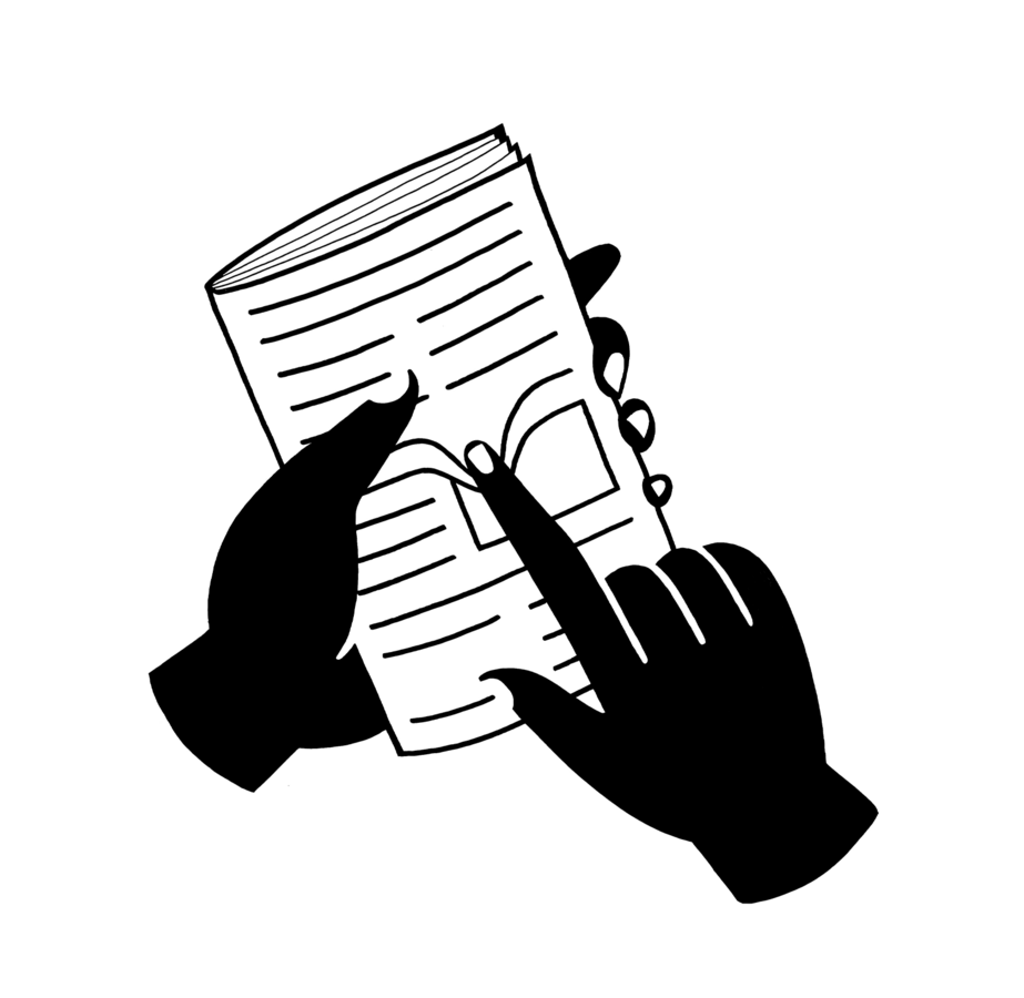 Zeichnung: Zwei Hände halten ein Blatt Papier. Eine Hand zeigt mit dem Zeigefinger auf den Text, die andere Hand hält das Papier fest. Es scheint, als würde jemand etwas auf dem Papier erklären oder hervorheben.