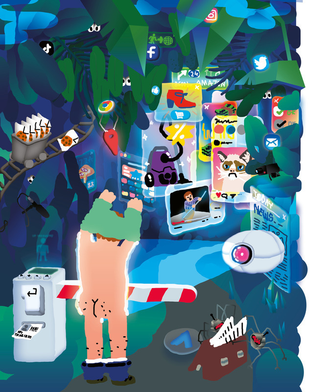 Eine digitale Illustration zeigt eine Person, die von einer Flut von Smartphone-Apps und Social-Media-Symbolen umgeben ist. Die Person steht vor einem Automaten und scheint überfordert oder abgelenkt zu sein. Das Bild vermittelt das Gefühl von Informationsüberlastung und der allgegenwärtigen Präsenz digitaler Medien im Alltag.