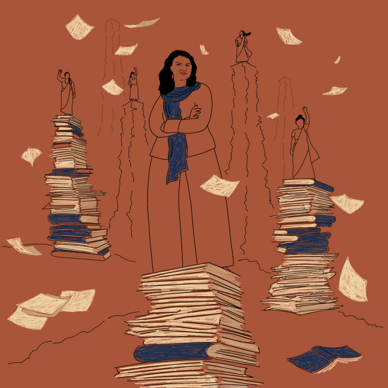 Grafik: Eine Frau steht selbstbewusst auf einem hohen Stapel Bücher und Papiere. Um sie herum stehen weitere Personen auf noch höheren Stapeln. Papiere fliegen in der Luft. Die Frau wirkt entschlossen und überblickt die Situation. Die Zeichnung vermittelt ein Gefühl von Herausforderung und Erfolg.