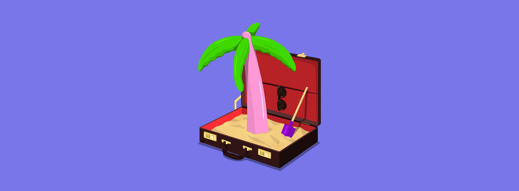 Eine stilisierte Grafik zeigt einen geöffneten Koffer, der wie eine tropische Insel gestaltet ist. Im Inneren befindet sich Sand, eine Palme, eine Sonnenbrille und ein rotes Cocktailglas mit Strohhalm. Der Koffer steht auf einem lila Hintergrund und symbolisiert Urlaub und Entspannung.
