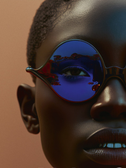 Porträt einer jungen Frau mit dunkler Haut. Sie trägt eine große, runde Sonnenbrille mit blauen Gläsern, in denen sich eine Landschaft mit Bergen und einem See spiegelt. Ihr Blick ist ruhig und nachdenklich. Der Hintergrund ist ein warmer, sanfter Braunton.