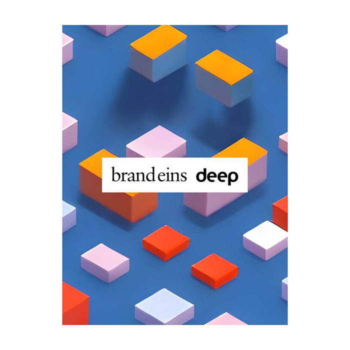 Abstrakte Grafik mit vielen farbigen, geometrischen Formen, die an Würfel und Quader erinnern. Die Formen sind in Blau-, Rosa-, Orange- und Gelbtönen gehalten und scheinen auf einer blauen Fläche zu schweben. In der Mitte befindet sich ein weißer Kasten mit dem Text "brandeins deep".