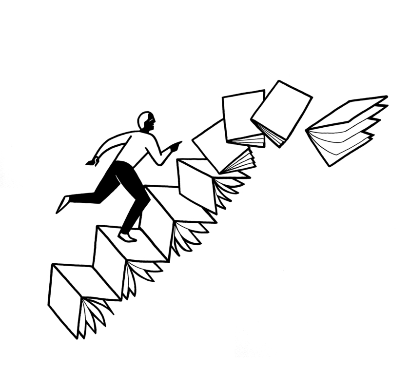 Grafik: Eine Person läuft eine Treppe hoch, wobei jede Stufe aus einem Stapel Bücher besteht. Die Person wirkt entschlossen und konzentriert. Die Zeichnung symbolisiert vermutlich Bildung oder das Streben nach Wissen.