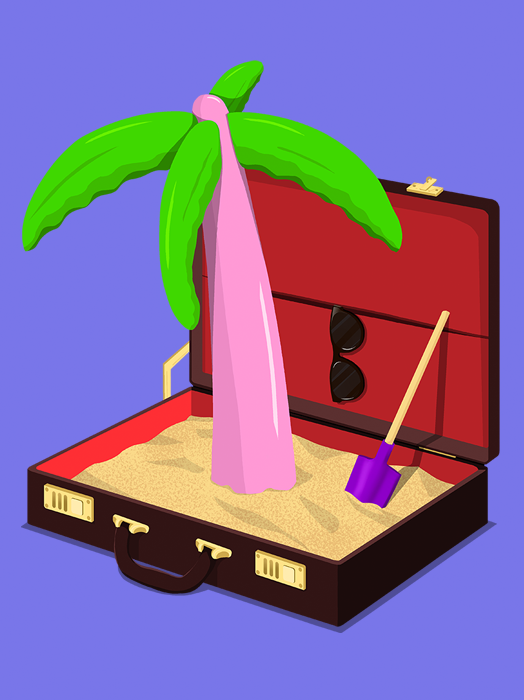 Eine Grafik zeigt einen geöffneten, braunen Koffer. Im Inneren befindet sich Sand, eine Palme, eine Sonnenbrille und ein kleiner Schaufel. Die Darstellung vermittelt Urlaubsstimmung und die Idee, den Urlaub im Koffer zu packen.