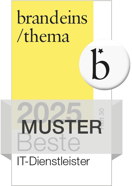 Das Bild zeigt ein Auszeichnungssiegel. Im oberen Bereich steht in dunkler Schrift "brand eins /thema". Rechts davon befindet sich ein weißer Kreis mit einem stilisierten schwarzen "b"-Logo. Darunter befindet sich ein hellgelber Block mit der Aufschrift "2025 MUSTER Beste IT-Dienstleister".