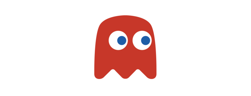 Eine Grafik zeigt Pac-Man, das bekannte gelbe Videospiel-Geisterwesen, in roter Ausführung. Es hat große blaue Augen und einen offenen Mund. Der Hintergrund ist weiß.