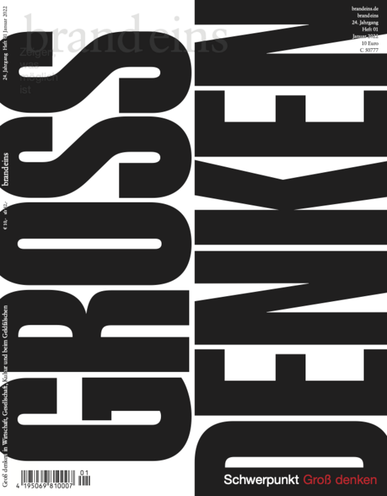 Titelseite des Magazins "brand eins" vom Januar 2022. Groß und fett steht das Wort "SOVEREIN" in roter Schrift auf schwarzem Hintergrund. Darunter in kleinerer Schrift: "Schwerpunkt Groß denken". Das Magazin ist in Schwarz gehalten, mit einigen weißen Schriftzügen und einem Barcode am unteren Rand.