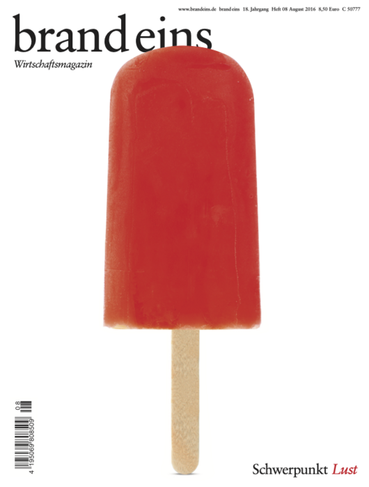 Titelseite eines Wirtschaftsmagazins namens "brand eins". Im Fokus steht ein rotes Eis am Stiel vor einem schwarzen Hintergrund. Der Titel "Schwerpunkt Lust" ist unten rechts zu sehen.