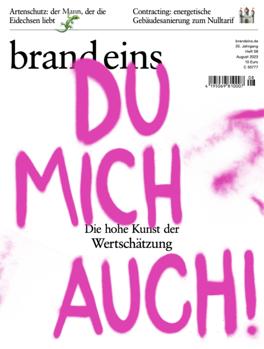 Titelseite der Zeitschrift "brand eins" mit dem Titel "DU MICH - Die hohe Kunst der Wertschätzung" in großen, pinkfarbenen Buchstaben. Im Hintergrund ist ein Farbverlauf in Pinktönen zu sehen. Oben links ein kleiner Hinweis auf einen Artikel zum Artenschutz und oben rechts ein Hinweis auf Contracting. Die Zeitschrift trägt das Ausgabedatum August 2023 und die Nummer 08.