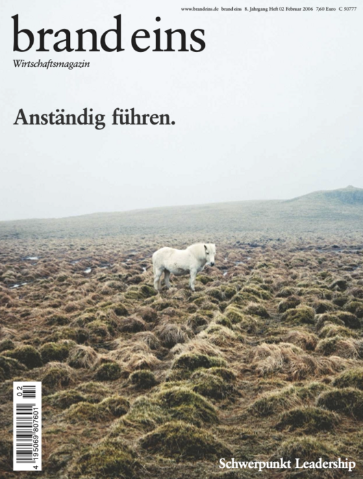 Titelseite des Wirtschaftsmagazins "brand eins" mit dem Titel "Anständig führen.". Das Bild zeigt eine weite, hügelige Landschaft mit trockenem Gras. Im Vordergrund steht ein einzelnes, helles Schaf, das zur Rechten blickt. Das Ambiente wirkt ruhig und etwas karg.