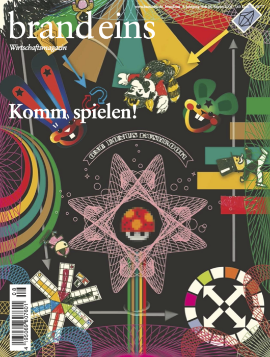 Das Cover des Wirtschaftsmagazins "brand eins" zeigt eine bunte, abstrakte Illustration im Stil eines Spiels. Im Zentrum befindet sich ein rotes, pixelartiges Gesicht umgeben von Sternen. Verschiedene Spielsymbole wie Pilze, Würfel und geometrische Formen sind verteilt und erzeugen einen dynamischen Eindruck. Der Schriftzug "Komm. spielen!" steht prominent im Vordergrund.