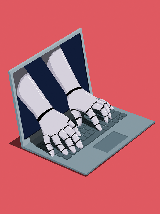 Eine stilisierte Grafik zeigt die Hände eines Roboters, die auf einer Laptop-Tastatur tippen. Der Laptop-Bildschirm ist dunkel. Das Bild vermittelt den Eindruck von künstlicher Intelligenz und Automatisierung.