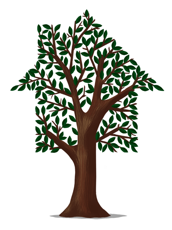 Eine stilisierte Zeichnung eines Baumes mit braunem Stamm und grünen Blättern vor einem dunkelgrünen Hintergrund. Der Baum ist zentral im Bild platziert und wirkt vereinfacht dargestellt.