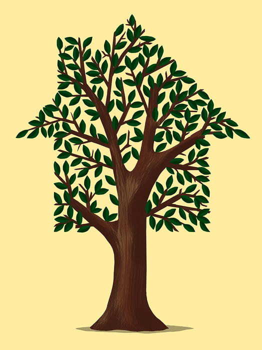 Grafik: Ein Baum, dessen Blätter die Form eines Hauses haben. Der Stamm ist braun und kräftig, die Blätter sind dunkelgrün. Das Bild symbolisiert Wachstum und ein Zuhause in der Natur.