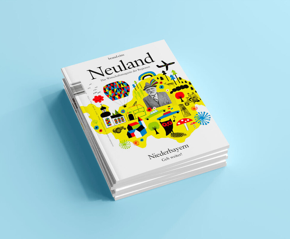Das Cover eines Magazins namens "Neuland - Das Wirtschaftsmagazin der Regionen". Es zeigt eine stilisierte Illustration mit vielen bunten Elementen, die eine lebendige Szene darstellen. Im Zentrum befindet sich das Porträt eines älteren Mannes mit freundlichem Gesichtsausdruck. Darunter steht der Schriftzug "Niederbayern" und der Slogan "Geh weiter!".