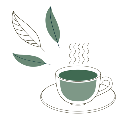 Grafik: Eine Tasse Tee mit drei Teeblättern. Eine grüne Tasse steht auf einem grünen Unterteller. Über der Tasse steigen Dämpfe auf. Links neben der Tasse sind drei Teeblätter abgebildet.