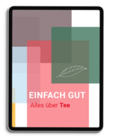 Tablet-Display mit farbenfrohem Hintergrund in Rechteckform und einem weißen Teeblatt-Symbol. Darunter der Text "EINFACH GUT" und "Alles über Tee".