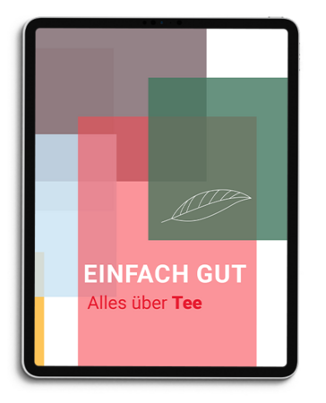 Tablet-Display mit farbenfrohem Hintergrund in Rechteckform und einem weißen Teeblatt-Symbol. Darunter der Text "EINFACH GUT" und "Alles über Tee".