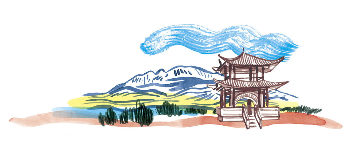 Zeichnung einer asiatischen Landschaft mit einem traditionellen Pagoden-Tempel am Ufer eines Sees. Im Hintergrund erheben sich schneebedeckte Berge unter einem blauen Himmel mit Wolken. Das Ambiente wirkt ruhig und friedlich.