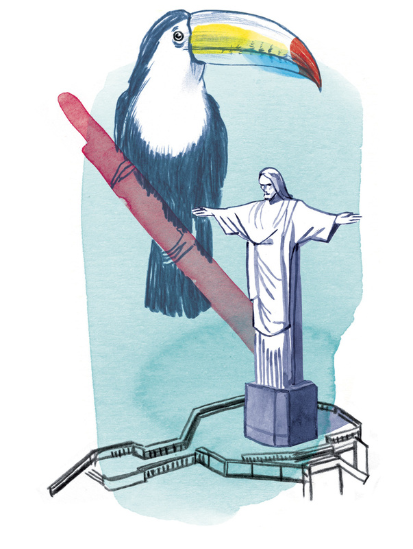 Zeichnung: Die Christusstatue in Rio de Janeiro steht auf einem Sockel. Vor der Statue verläuft schräg ein roter Pinselstrich, der die Statue teilweise verdeckt. Im Hintergrund ist ein großer Tukan zu sehen, der mit dem Schnabel auf die Statue zeigt. Der Hintergrund ist in blauen und grünen Farbtönen gehalten.