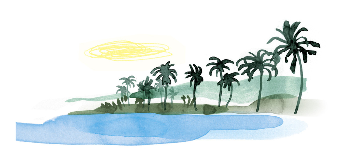 Eine Aquarellzeichnung zeigt eine tropische Landschaft mit Palmen am Strand. Im Hintergrund leuchtet eine gelbe Sonne. Das Bild vermittelt eine ruhige, entspannte Atmosphäre.