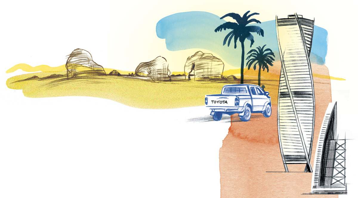 Zeichnung einer Wüstenlandschaft mit einem weißen Toyota Pick-up-Truck. Im Hintergrund sind Felsen und Palmen zu sehen. Rechts befindet sich eine stilisierte Skyline eines modernen Hochhauses. Die Farbgebung ist warm und erdig, mit einem blauen Himmel im Hintergrund.