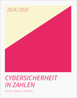 Grafik mit einem diagonal geteilten Hintergrund in Gelb und Pink. Oben rechts steht "2024/2025". Unten steht in großen Buchstaben "CYBERSICHERHEIT IN ZAHLEN" und darunter kleiner "Lernen. Wissen. Handeln."