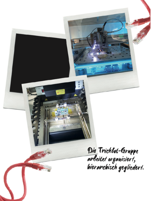 Das Bild zeigt drei Fotos, die auf einem dunklen Hintergrund angeordnet sind. Die Fotos zeigen eine Maschine, die Leiterplatten bearbeitet. Die Maschine ist hell erleuchtet und mit vielen Kabeln und elektronischen Bauteilen ausgestattet. Im Vordergrund sind rote Netzwerkkabel zu sehen. Der Text auf dem Bild lautet: "Die Trickdot-Gruppe arbeitet organisiert, hierarchisch gegliedert."
