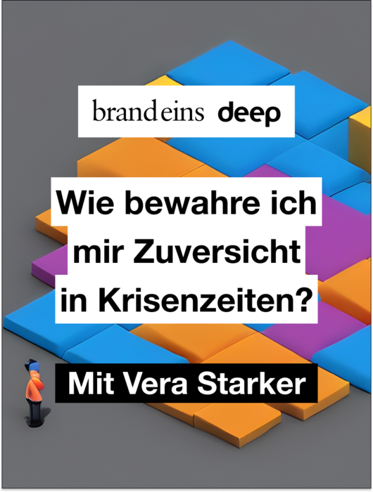 Werbebild für eine Folge von "brandeins deep" mit Vera Starker zum Thema Krisenbewältigung. Im Vordergrund eine Person, die von hinten zu sehen ist und auf eine Anhöhe blickt. Über ihr schweben farbige, schwebende Blöcke mit dem Titel "Wie bewahre ich mir Zuversicht in Krisenzeiten?".