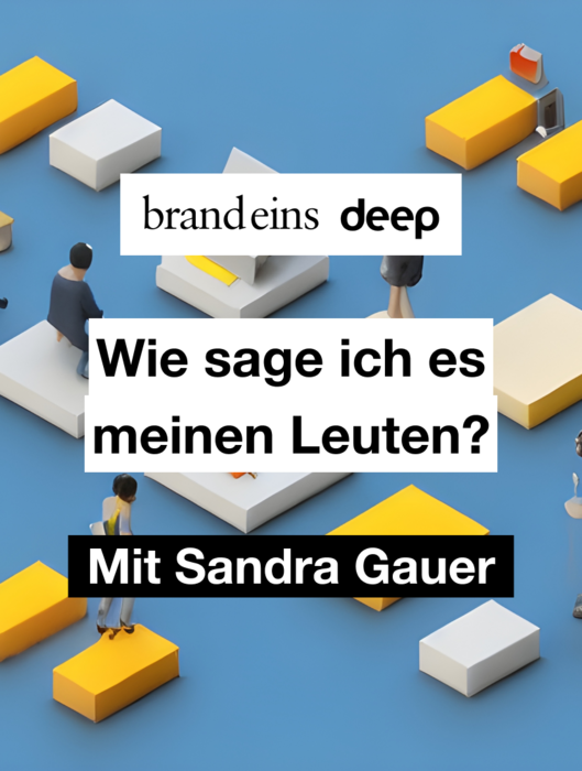 Abbildung zeigt eine stilisierte Szene mit mehreren Personen, die auf unterschiedlich hohen, geometrischen Blöcken stehen. Im Vordergrund befindet sich ein Textfeld mit der Frage "Wie sage ich es meinen Leuten?". Darunter steht "Mit Sandra Gauers". Die Szene wirkt abstrakt und könnte eine Herausforderung oder ein Hindernis darstellen, das überwunden werden muss. Der Hintergrund ist ein helles Blau.