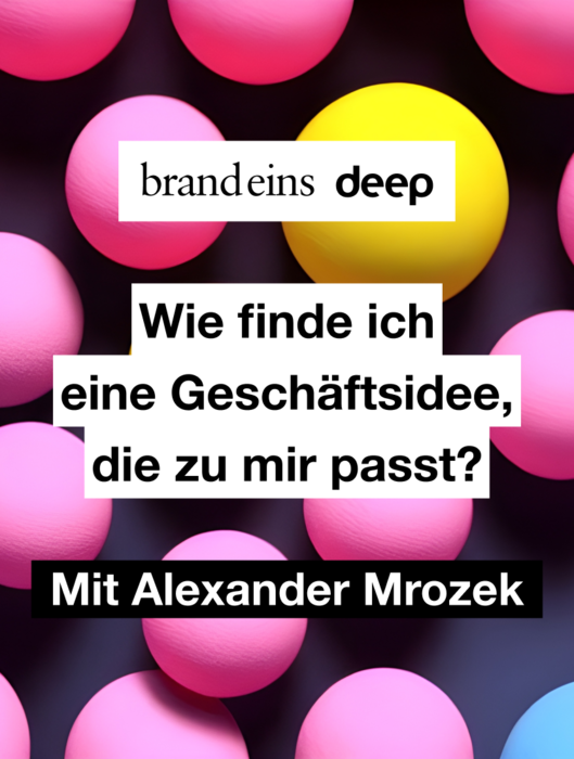 Werbebild für den Podcast "brandeins deep" mit dem Thema "Wie finde ich eine Geschäftsidee, die zu mir passt?". Im Vordergrund stehen gelbe und pinkfarbene Kreise auf einem dunklen Hintergrund. Auf den Kreisen befindet sich folgender Text: "brandeins deep", "Wie finde ich eine Geschäftsidee, die zu mir passt?" und "Mit Alexander Mrozek".