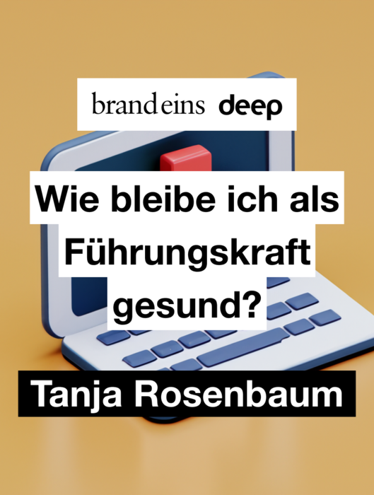 Ein hellbeiger Hintergrund. Im Vordergrund ein Laptop in 3D-Optik. Auf dem Bildschirm steht in großen, schwarzen Buchstaben die Frage: "Wie bleibe ich als Führungskraft gesund?". Darüber und darunter sind weitere schwarze Textfelder mit den Aufschriften "brand eins deep" und "Tanja Rosenbaum" zu sehen. Das Bild vermittelt den Eindruck einer digitalen Präsentation oder eines Artikels zum Thema Gesundheit von Führungskräften.