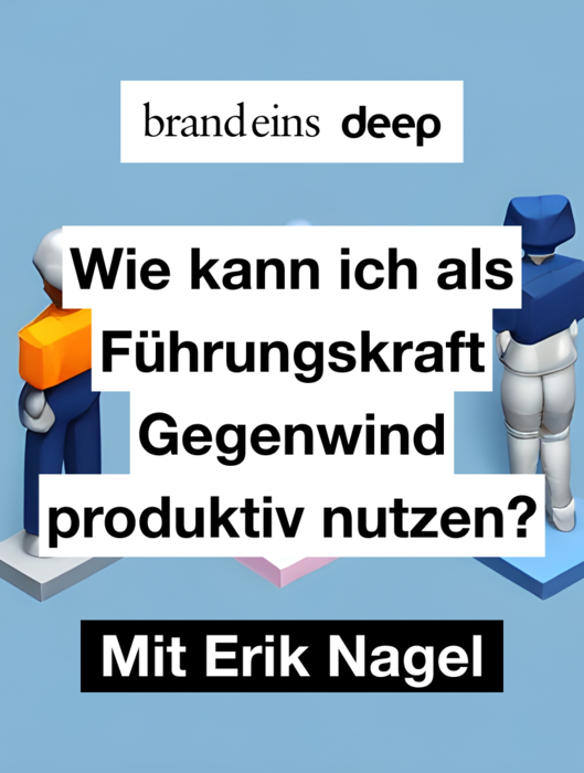 Werbebild für einen Vortrag oder Workshop. Im Vordergrund steht der Titel "Wie kann ich als Führungskraft Gegenwind produktiv nutzen?" darunter steht "Mit Erik Nagel". Das Bild ist in einem hellblauen Farbton gehalten und zeigt zusätzlich stilisierte Eisblöcke und gelbe Blöcke, die eine Art Treppe bilden. Oben ist das Logo "brand eins deep" zu sehen.