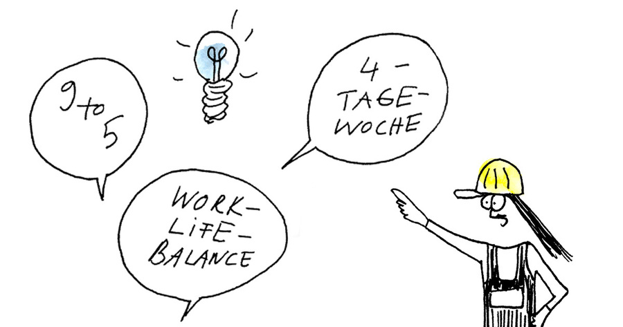 Eine einfache Zeichnung zeigt eine Person mit Helm, die mit dem Finger auf drei Sprechblasen deutet. Die Blasen enthalten die Begriffe "9 to 5", eine Glühbirne als Symbol für eine Idee und "4-Tage-Woche" sowie "Work-Life-Balance". Die Zeichnung vermittelt das Konzept einer besseren Arbeitsorganisation und Vereinbarkeit von Beruf und Privatleben.