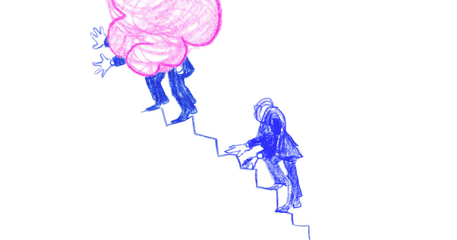 Zeichnung: Eine Person hilft einer anderen Person, einen großen, pinkfarbenen Wolkenball über eine Treppe zu tragen. Die Person, die hilft, steht auf einer niedrigeren Stufe und streckt die Hand aus. Die andere Person kämpft mit dem Ball auf einer höheren Stufe.