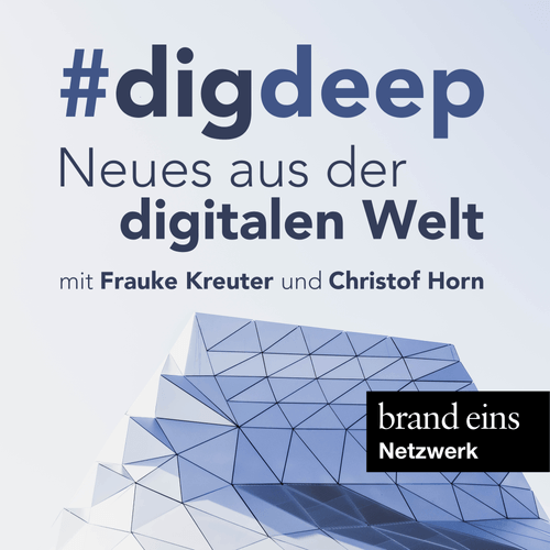 Grafik mit dem Hashtag #digdeep und dem Text "Neues aus der digitalen Welt" mit den Namen Frauke Kreuter und Christoph Horn. Im unteren Bildbereich ist eine stilisierte, facettierte Kristallform in Blautönen zu sehen, die an ein aufgeschlagenes Buch oder einen Datenträger erinnert. Rechts unten befindet sich das Logo "brand eins Netzwerk" in einem schwarzen Rechteck.