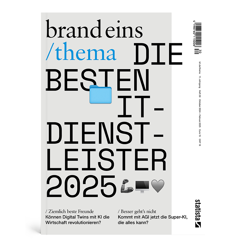 Das Bild zeigt das Titelblatt einer Zeitschrift. Der Titel "Die Besten IT-Dienstleister 2025" steht in großen, weißen Buchstaben auf einem hellgrauen Hintergrund. Darüber ist in kleinerer Schrift "brand eins /thema" zu lesen. Ein kleines blaues Rechteck und ein Herz-Emoji sind in den Text integriert. Unter dem Titel befinden sich zwei kurze Untertitel: "Ziemlich beste Freunde – Können Digital Twins mit KI die Wirtschaft revolutionieren?" und "Besser geht's nicht – Kommt mit AGI jetzt die Super-KI, die alles kann?". Das Logo der Zeitschrift "brand eins" befindet sich in der unteren rechten Ecke.
