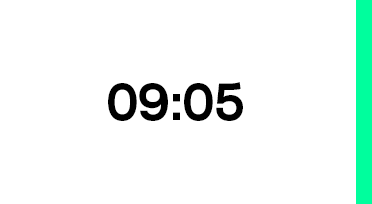Das Bild zeigt eine digitale Uhr mit der Anzeige 09:05. Der Hintergrund ist weiß, die Zahlen sind schwarz und ein grüner Balken befindet sich am rechten Bildrand.