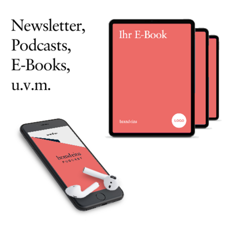 Grafik: Ein E-Book und ein Smartphone werden dargestellt. Das E-Book hat einen roten Einband mit dem weißen Schriftzug "Ihr E-Book". Darunter befindet sich der Schriftzug "brand eins" und ein Logo. Das Smartphone zeigt ebenfalls den Schriftzug "brand eins Podcast" auf einem roten Hintergrund. Daneben liegen kabellose Kopfhörer. Die Grafik vermittelt das Angebot eines E-Books und Podcasts von "brand eins".