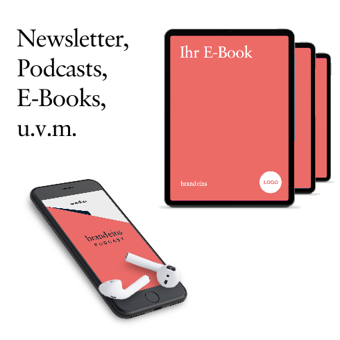 Grafik: Ein E-Book und ein Smartphone werden dargestellt. Das E-Book hat einen roten Einband mit dem weißen Schriftzug "Ihr E-Book". Darunter befindet sich der Schriftzug "brand eins" und ein Logo. Das Smartphone zeigt ebenfalls den Schriftzug "brand eins Podcast" auf einem roten Hintergrund. Daneben liegen kabellose Kopfhörer. Die Grafik vermittelt das Angebot eines E-Books und Podcasts von "brand eins".