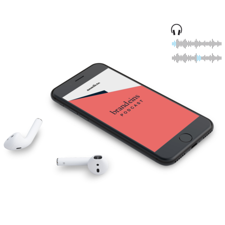 Ein Smartphone zeigt einen Podcast-Bildschirm mit rotem Hintergrund und dem Text "brandeins Podcast". Daneben liegen kabellose Kopfhörer. Im Hintergrund ist eine stilisierte Schallwelle und ein Kopfhörersymbol zu sehen, was auf das Hören eines Podcasts hinweist.