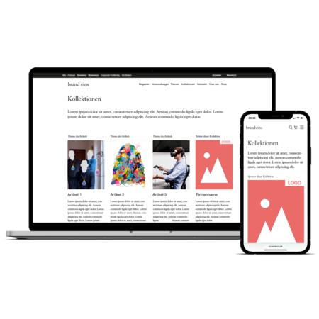 Screenshot einer Website namens "brand eins" mit dem Thema "Kollektionen". Im oberen Bereich ist ein dunkler Header mit dem Logo und Navigationspunkten zu sehen. Darunter werden verschiedene Artikel als kleine Vorschaubilder mit Titeln und kurzen Beschreibungen dargestellt. Auf der rechten Seite des Bildschirms befindet sich eine Sidebar mit weiteren Informationen und einem Logo. Das Design ist modern und minimalistisch.