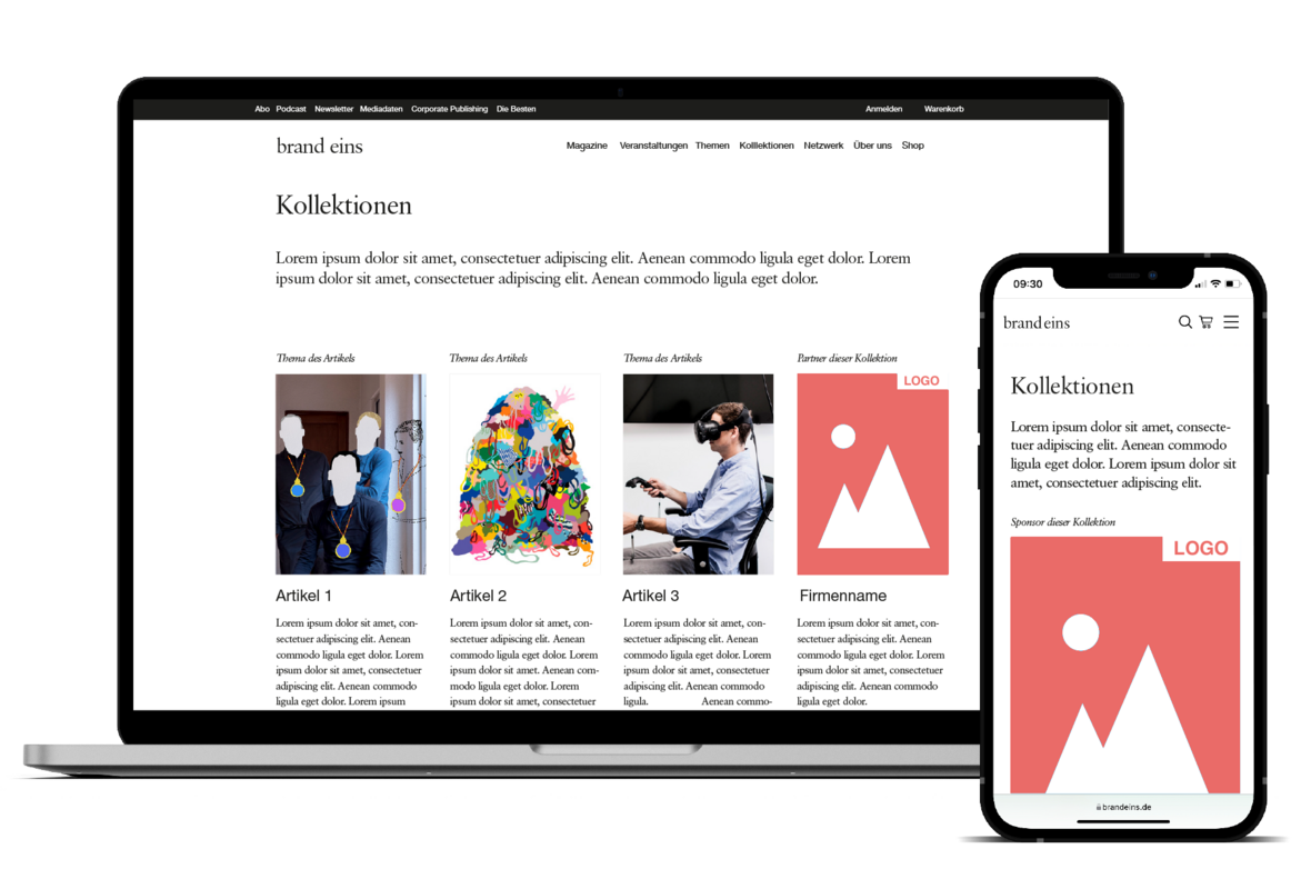 Bildschirmansicht einer Website namens "brand eins" mit dem Thema "Kollektionen". Oben eine Navigationsleiste mit verschiedenen Kategorien. Darunter vier Bilder nebeneinander: Artikel 1 (abstrakte Malerei mit blauen und grünen Farbtönen), Artikel 2 (abstrakte Malerei mit gelben und schwarzen Farbtönen), Artikel 3 (Porträt eines Mannes mit Bart, der lächelt) und Firmenname (Porträt eines Mannes im Anzug, der selbstbewusst in die Kamera schaut). Rechts eine Smartphone-Ansicht der gleichen Website-Seite.