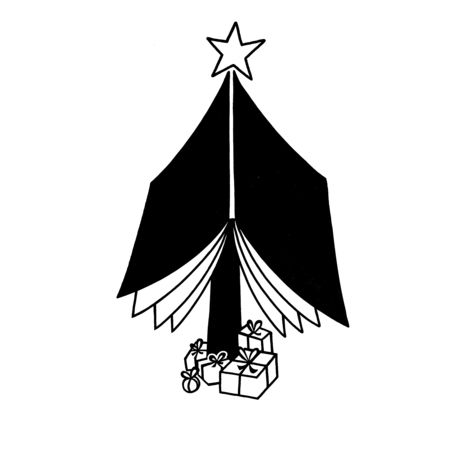 Grafik eines stilisierten Weihnachtsbaums in Schwarz-Weiß. Der Baum ist dreieckig und mit einem Stern geschmückt. Darunter liegen drei Geschenke mit Schleifen.