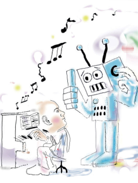 Zeichnung eines Mannes, der am Klavier sitzt und Noten liest. Über ihm schwebt ein großer Roboter, aus dem Musiknoten und -symbole aufsteigen. Der Mann scheint inspiriert und konzentriert zu sein, während der Roboter eine Art musikalische Energie verbreitet.