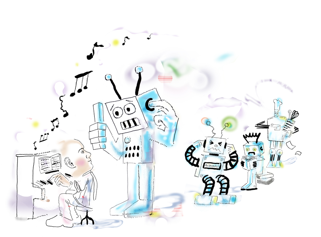 Zeichnung: Eine Person mit Notenblättern dirigiert Roboter. Ein großer Roboter steht im Zentrum, während andere Roboter in unterschiedlichen Posen dargestellt sind. Musikalische Noten schweben um die Figuren herum, was eine spielerische und kreative Atmosphäre erzeugt.