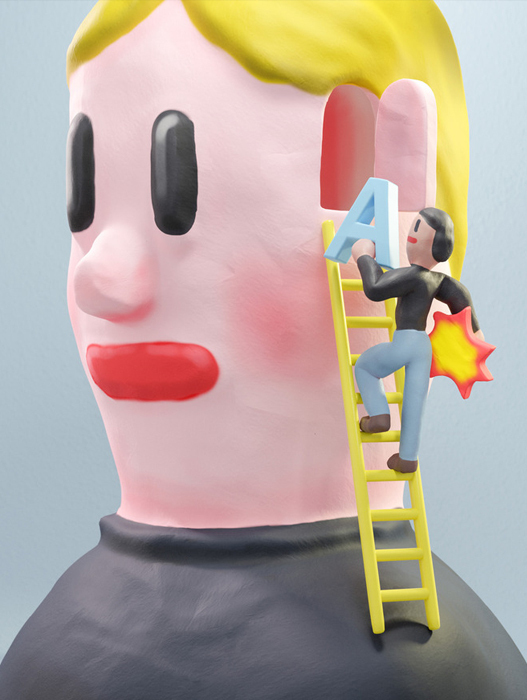 Eine stilisierte Grafik zeigt einen großen Kopf mit blonden Haaren und einem vereinfachten Gesicht. Eine kleine Person klettert auf einer gelben Leiter an der Seite des Kopfes hoch, um einen roten Stern mit einem gelben Lichtschein an der Stirn des Kopfes zu befestigen. Das Bild vermittelt den Eindruck von Anstrengung und dem Erreichen eines Ziels.