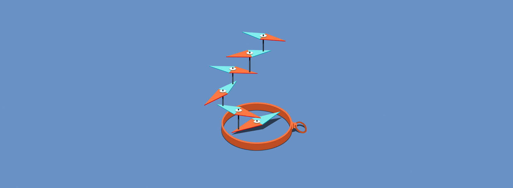 Grafik: Eine stilisierte Treppe aus orangefarbenen Plattformen, die nach oben führt. Jede Plattform hat ein kleines, stilisiertes Gesicht mit Augen. Die Treppe beginnt mit einer größeren Plattform am Boden und wird nach oben hin kleiner. Der Hintergrund ist ein gleichmäßiges Hellblau.