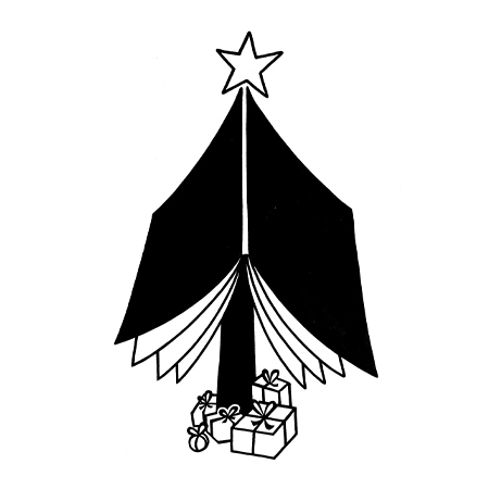 Zeichnung eines stilisierten Weihnachtsbaums in Schwarz-Weiß. Der Baum ist dreieckig und mit einem Stern geschmückt. Unter dem Baum liegen drei Geschenke mit Schleifen.